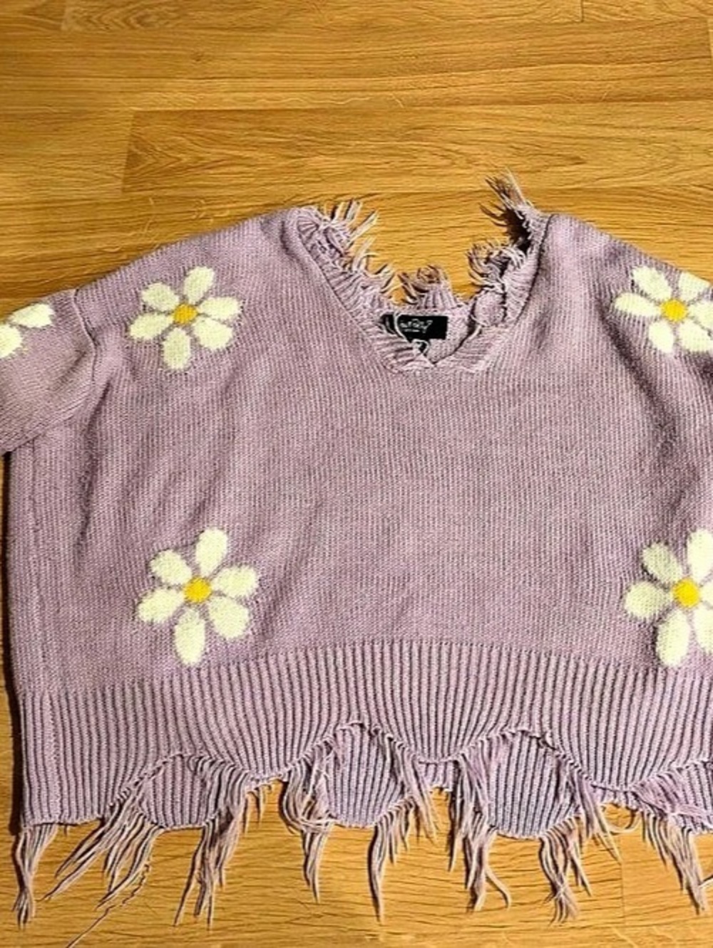Just Polly Daisy Distressed V-Neck Sweater Purple